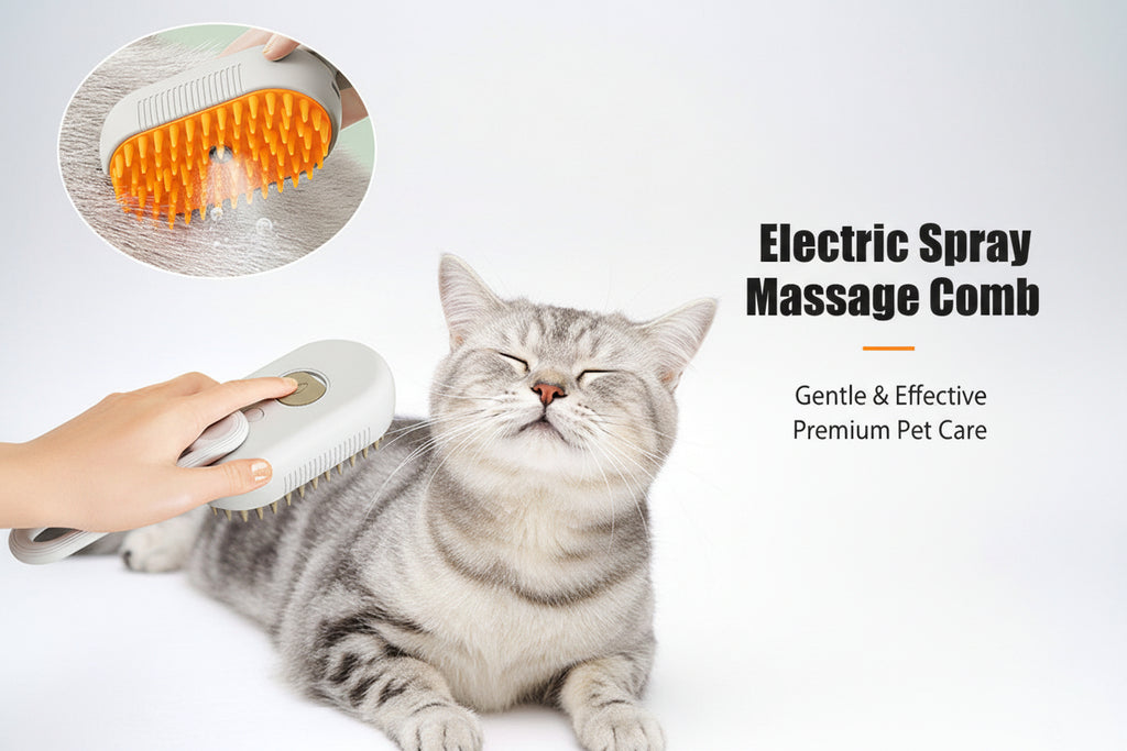 Electric spray massage comb with a cat being groomed, close-up of bristles, and product on a light yellow background.